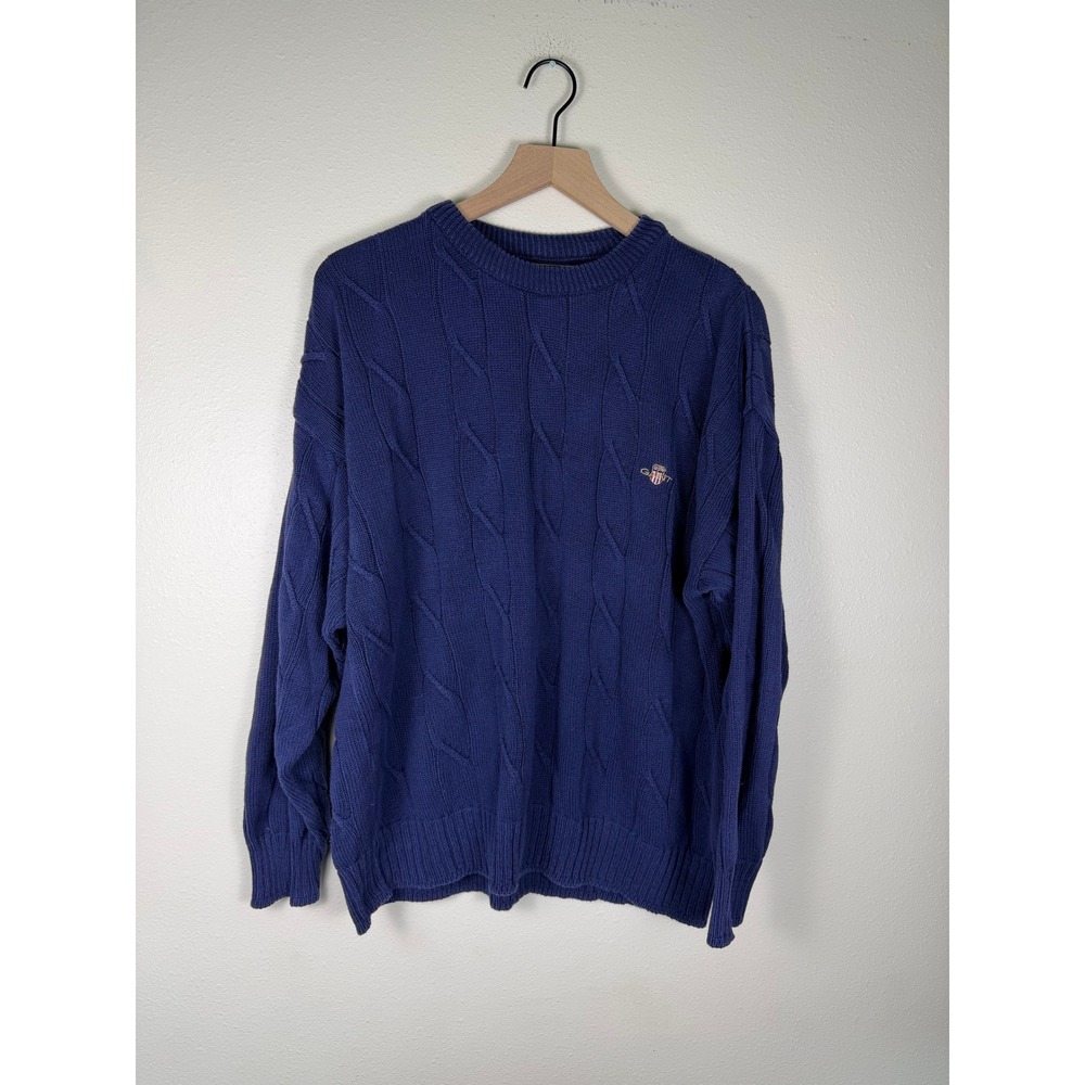 Vintage GANT Preppy Sweater Men Large Navy Cable Knit Cotton Crew Neck USA Logo